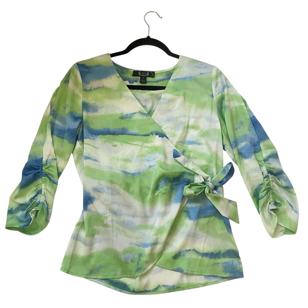 A.Z.I blue and green long sleeve wrap top blouse size small